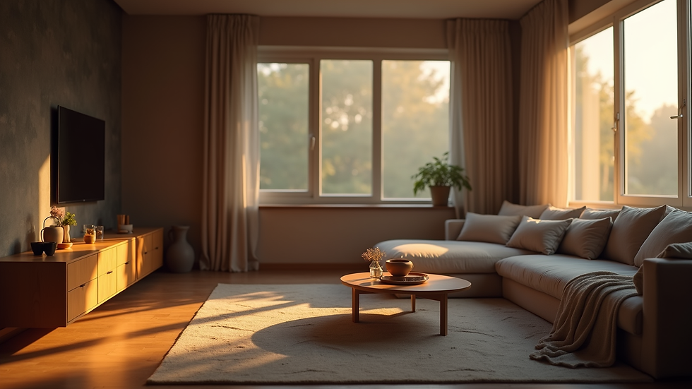 Eye-level view of a cozy living room with warm lighting