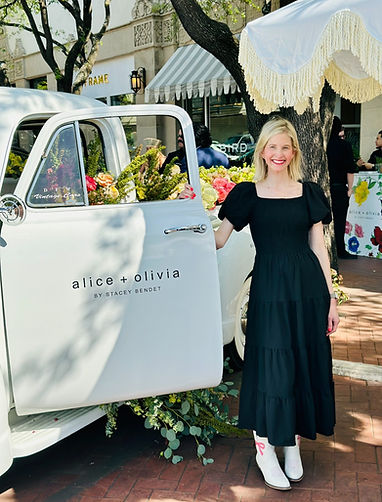 Emily, owner of Lucky Lemon Embroidery, at an Alice & Olivia on-site event in Highland Park Village