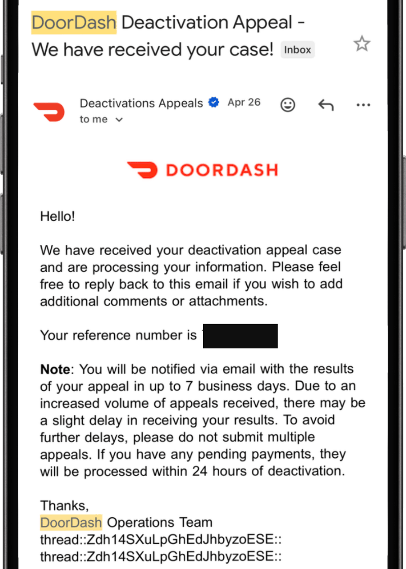 Email from DoorDash about a deactivation appeal case. Text includes notification of receipt and response timeline. Logo and text visible.