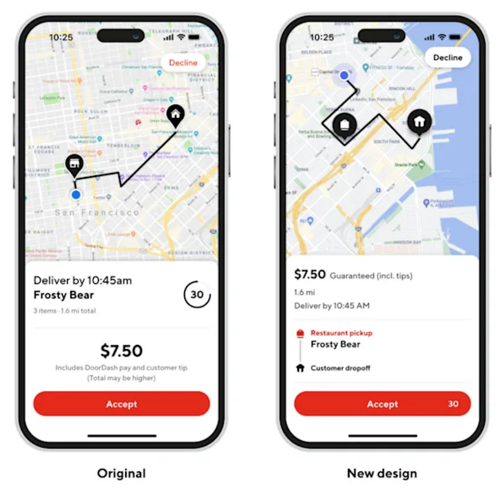 Side-by-side iPhone delivery app screens on a map, showing route, Decline/Accept buttons, $7.50 payout, and Frosty Bear order details