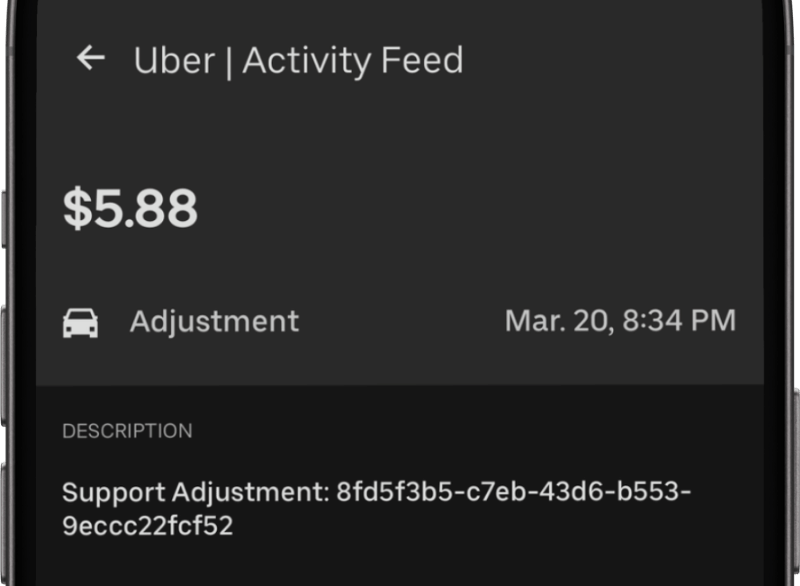 Uber app screenshot showing $5.88 adjustment on Mar. 20, 8:34 PM. Includes a long support adjustment code. Dark theme background.