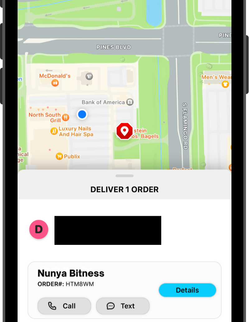 Map screenshot on a phone showing a delivery location marked on Pines Blvd. Order details for "Nunya Bitness." Options: Call, Text, Details.