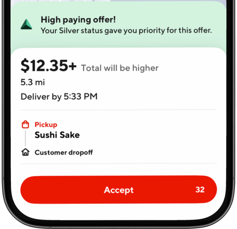 Phone screen shows a high paying delivery offer for $12.35+, 5.3 mi, pickup Sushi Sake, deliver by 5:33 PM, Accept button.