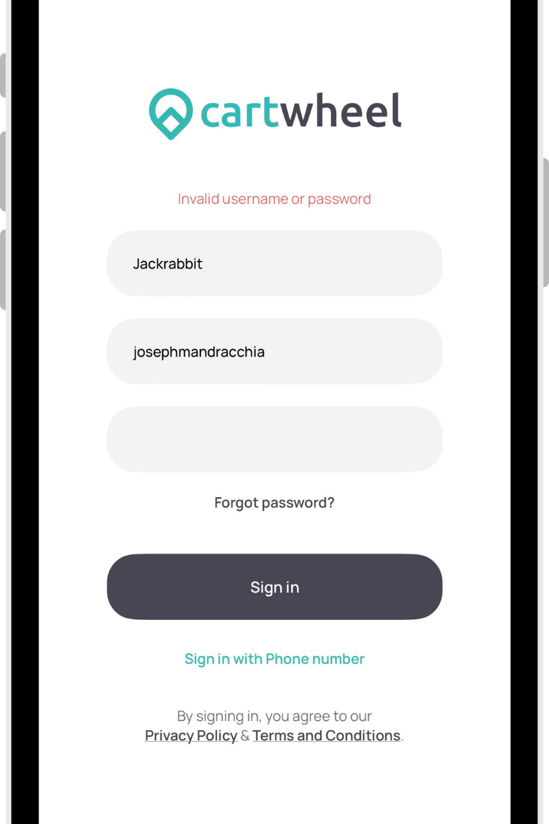 Login screen for "cartwheel" app, displaying an "Invalid username or password" error. Options for "Forgot password?" and phone login.
