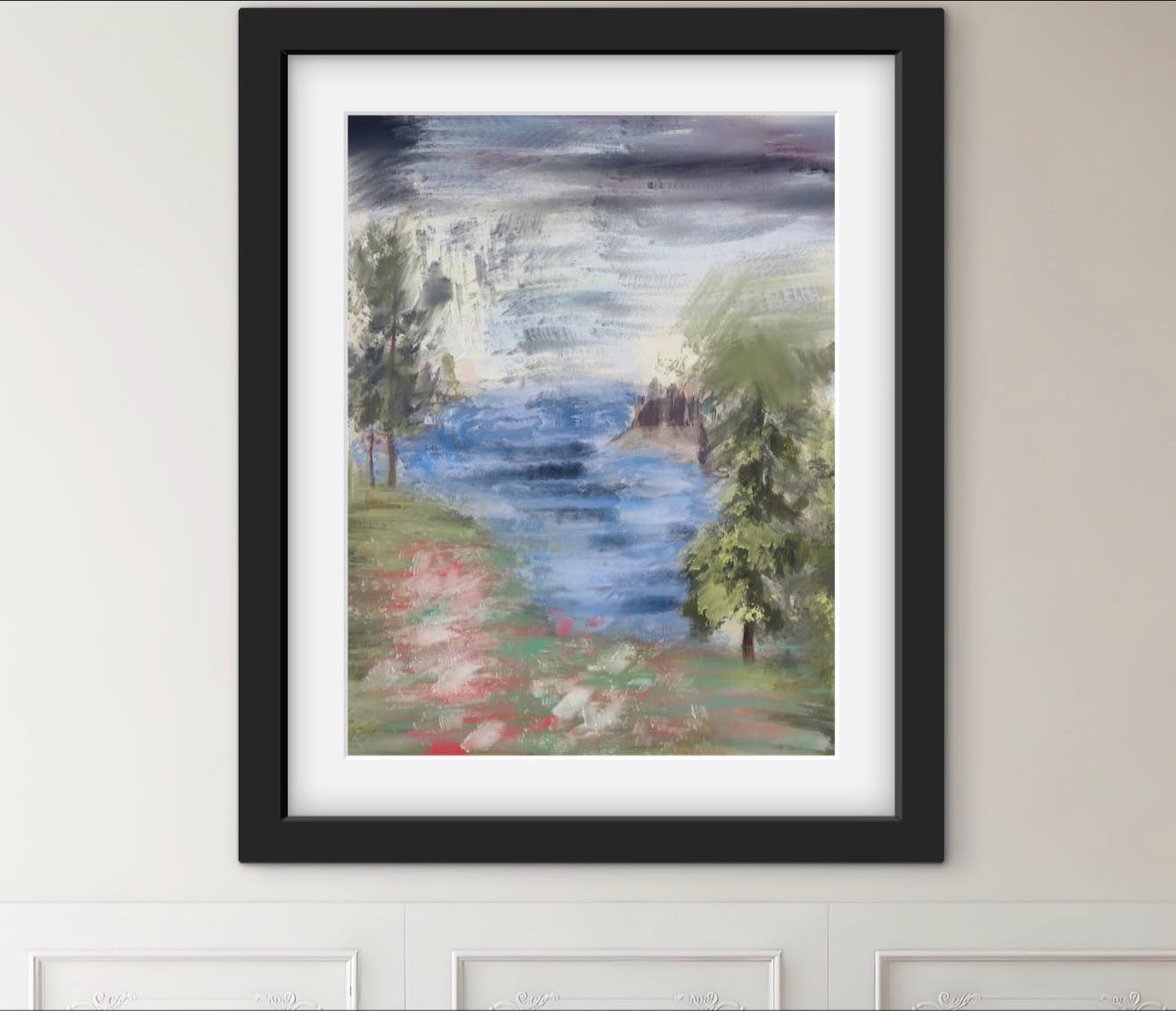 Framed painting of a cloudy pond with trees & red flowers