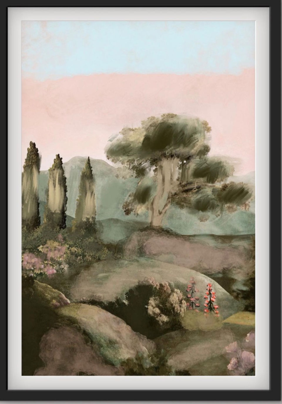 Framed abstract landscape with rocks, trees, and pink sky