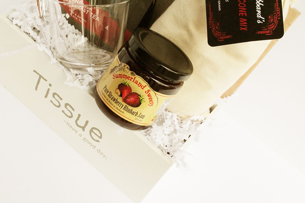 The Good Morning basket also contains strawberry sauce from Summerland Sweets, and a scone mix from Mother Hubbards.