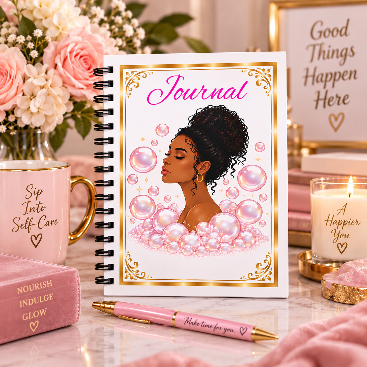 Spiral Journal — Empowering Self-Care Notebook with Bubbles Artwork