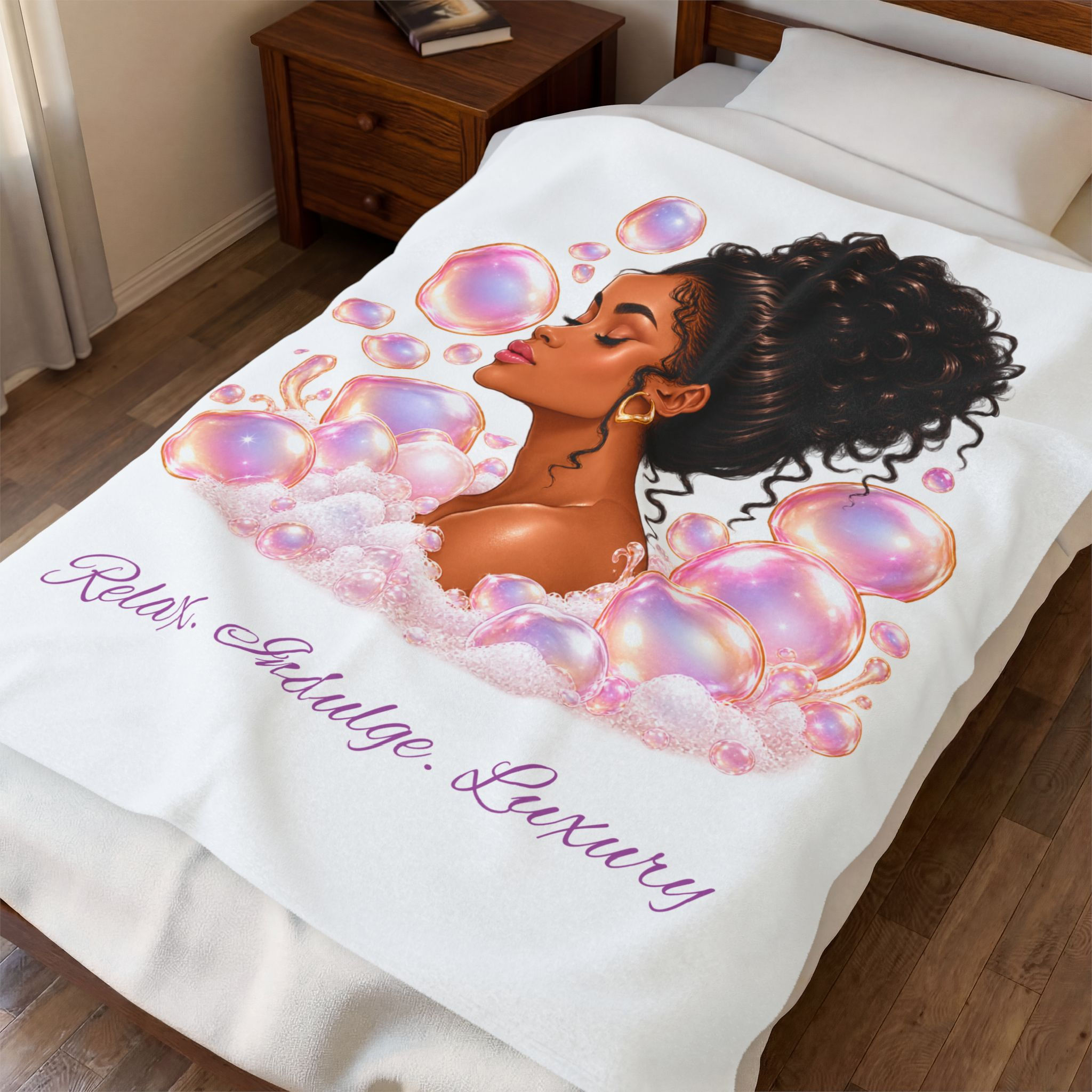 Velveteen Plush Blanket — 'Relax. Indulge. Luxury.' Afro Puff Bath Bubble Design