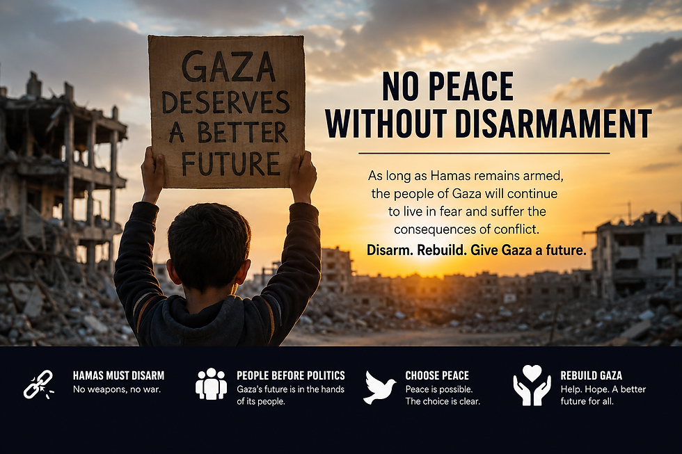 Child holding a sign amid damaged buildings in Gaza, symbolizing the humanitarian impact of the conflict and calls for lasting peace.