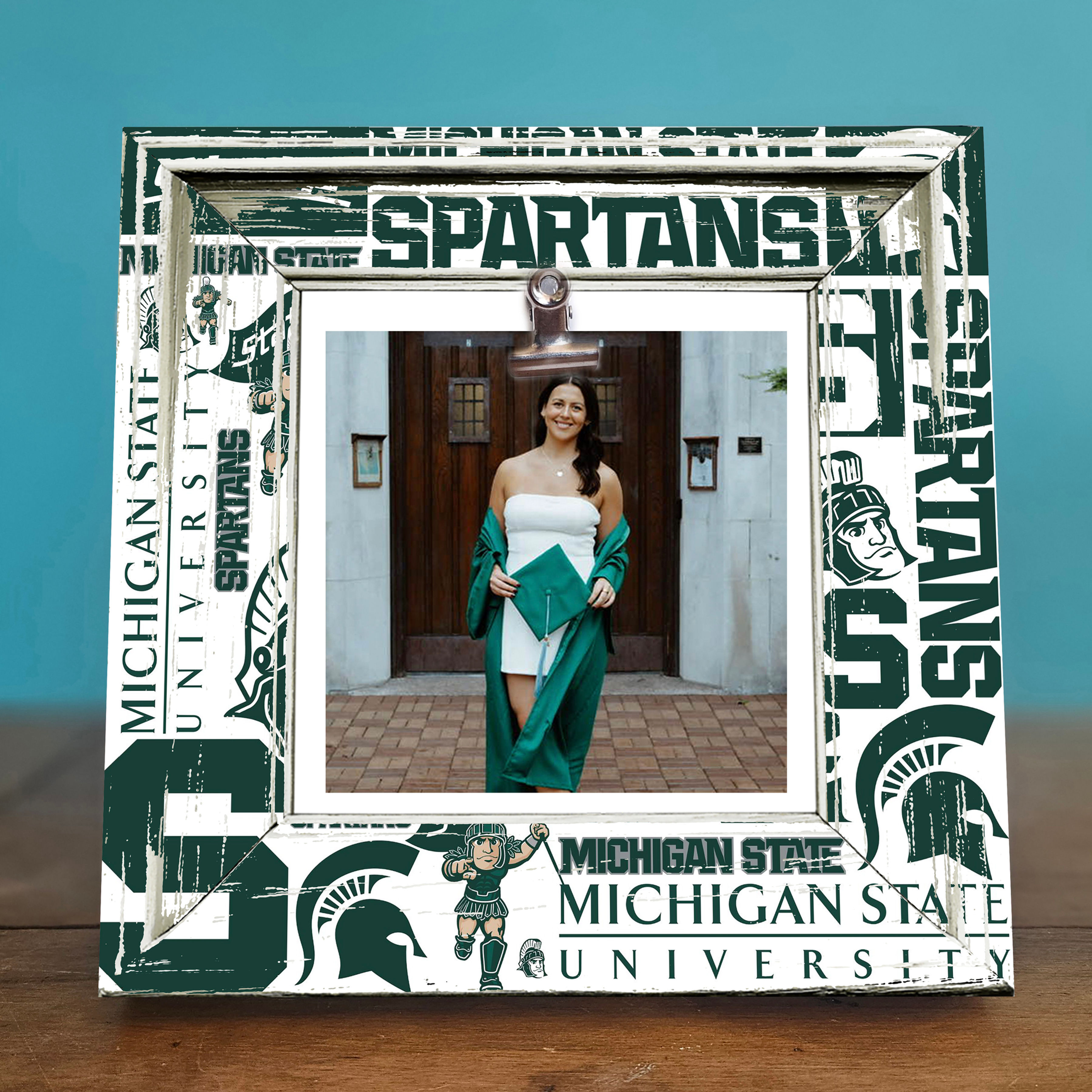 Rustic Shabby Chic Michigan State University Photo Frame, 8x8 college decor, perfect for displaying 4x4 photos on a clip.