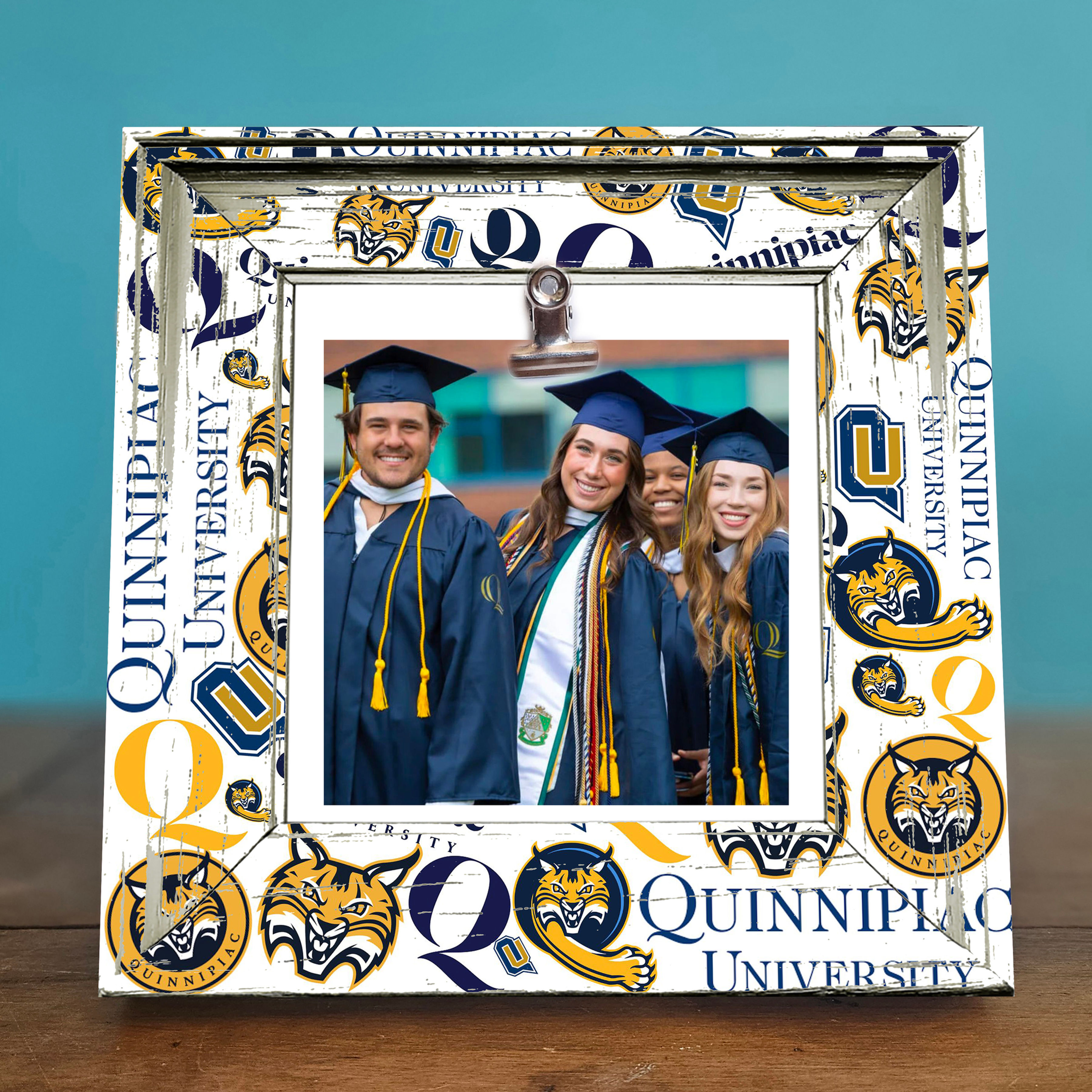 Rustic shabby chic Quinnipiac University 8x8 photo frame with clip for 4x4 photos; perfect for dorm decor, alumni gifts, spor