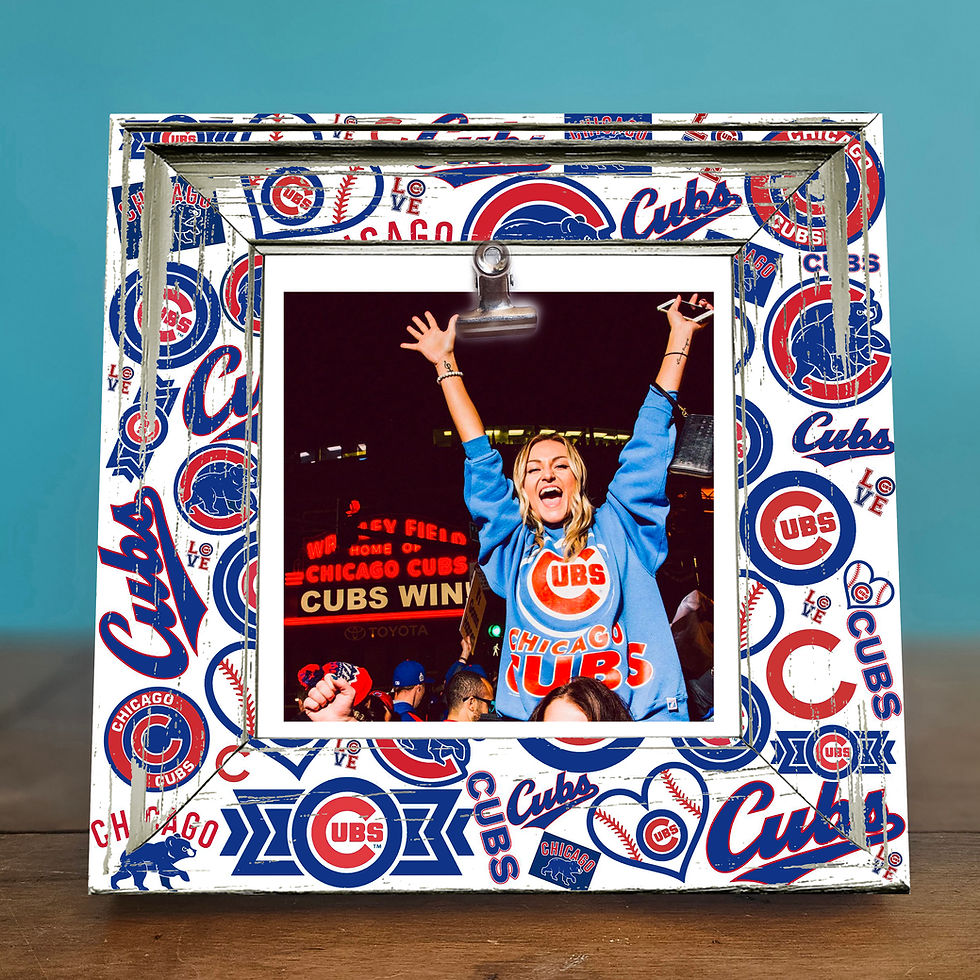 Thumbnail: Rustic Chicago Cubs baseball photo frame displaying a 4x4 photo clip with team colors and logo