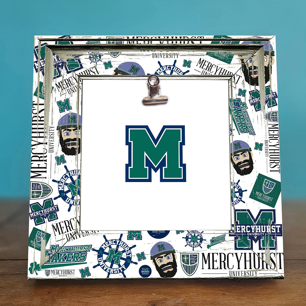 Thumbnail: Rustic shabby chic Mercyhurst University 8x8 photo frame with clip for 4x4 photos; perfect for dorm decor, alumni gifts, spor
