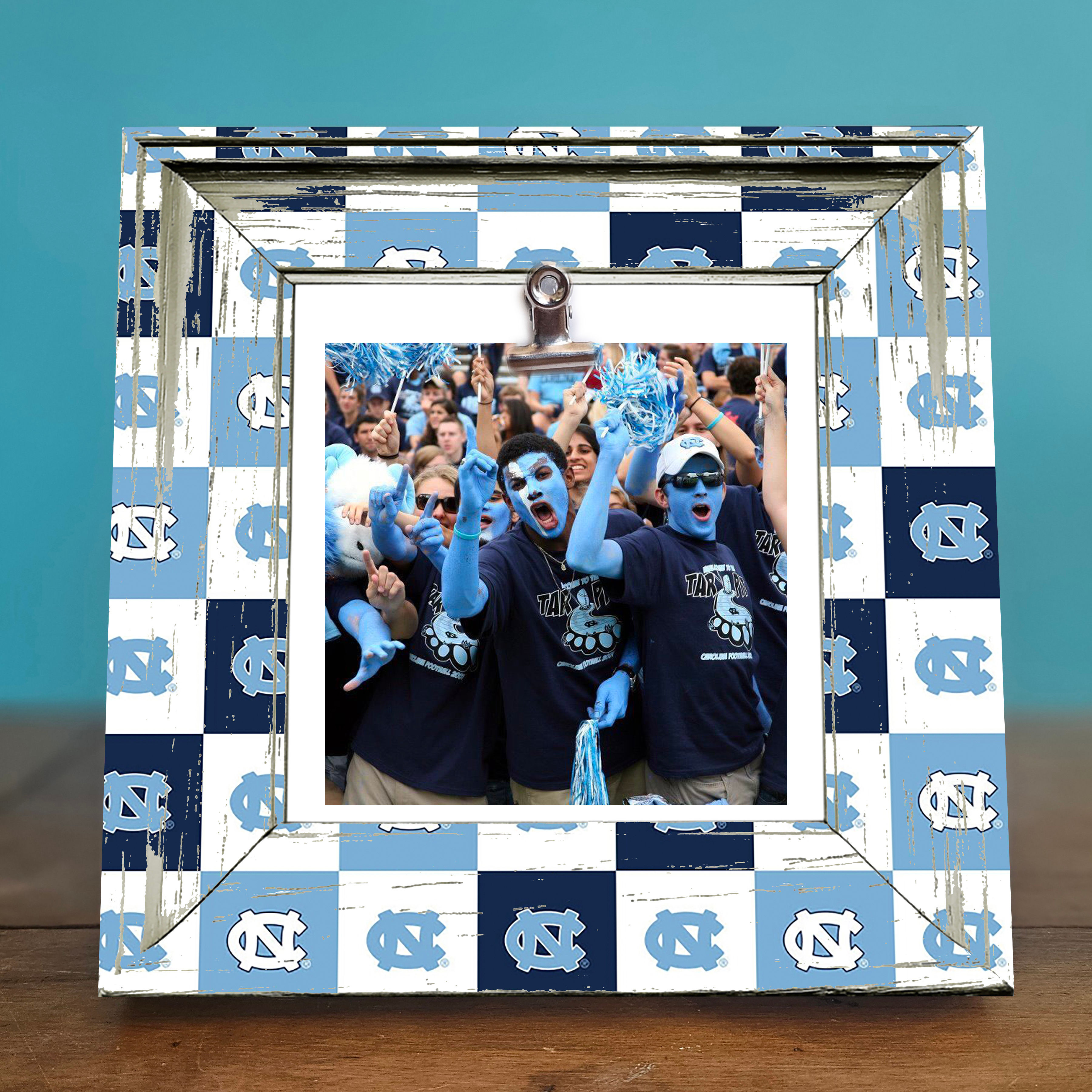Rustic shabby chic North Carolina UNC 8x8 photo frame with clip for 4x4 photos; perfect for dorm decor, alumni gifts, sports