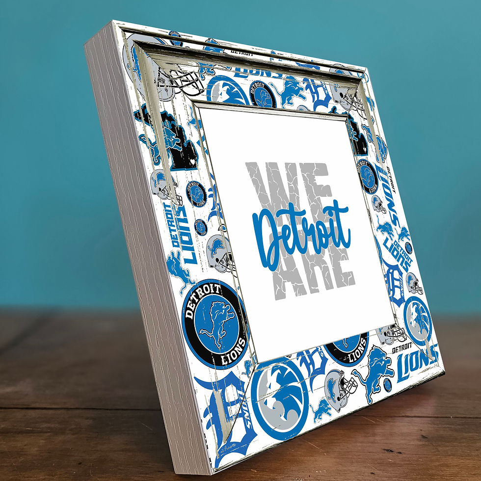 Thumbnail: A white shabby chic photo frame featuring the Detroit Lions logo in the center. The frame is lightweight, 8x8 inches in total