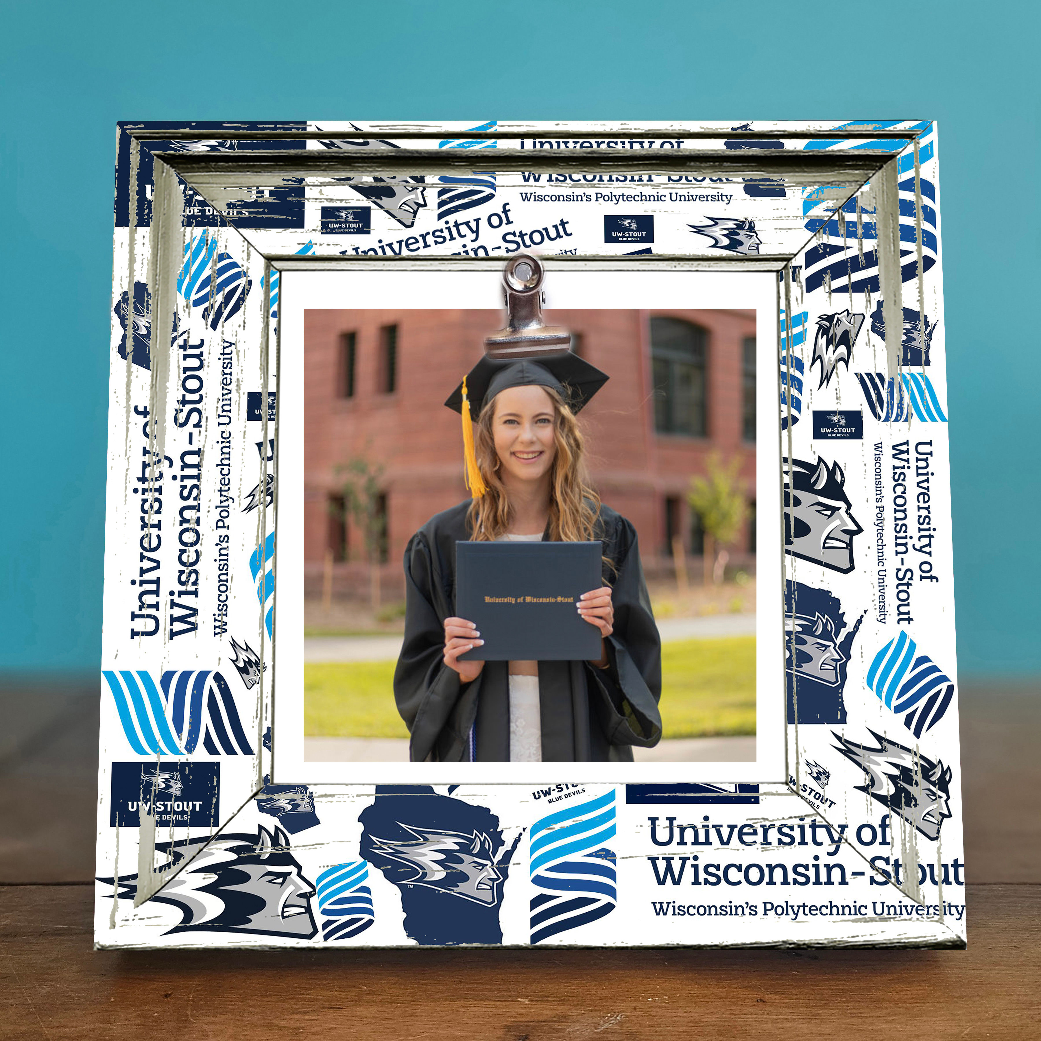 Rustic 8x8 Photo Frame featuring University of Wisconsin-Stout logos, showcasing school spirit with vintage charm
