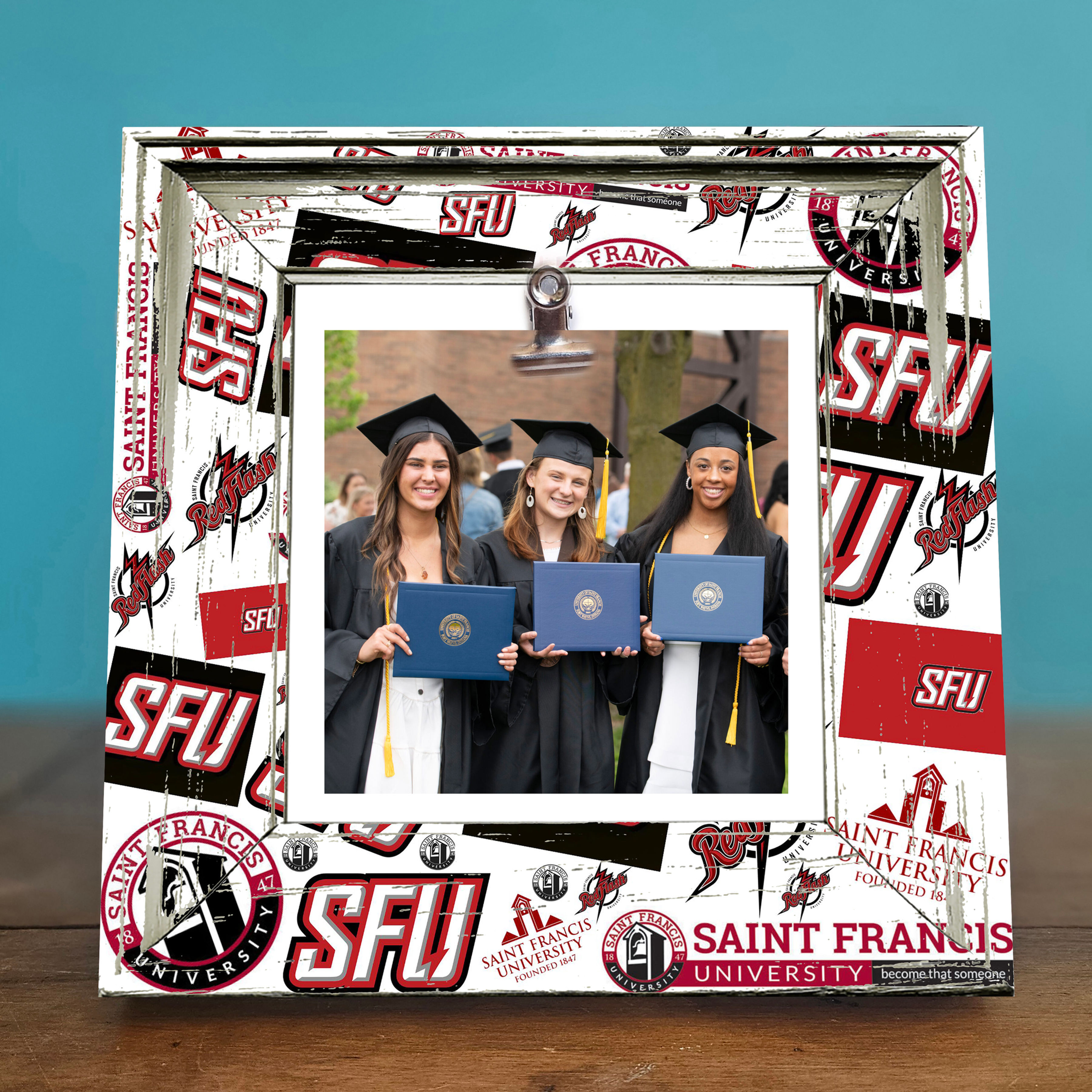 Rustic 8x8 Photo Frame featuring Saint Francis University logos, showcasing school spirit with vintage charm