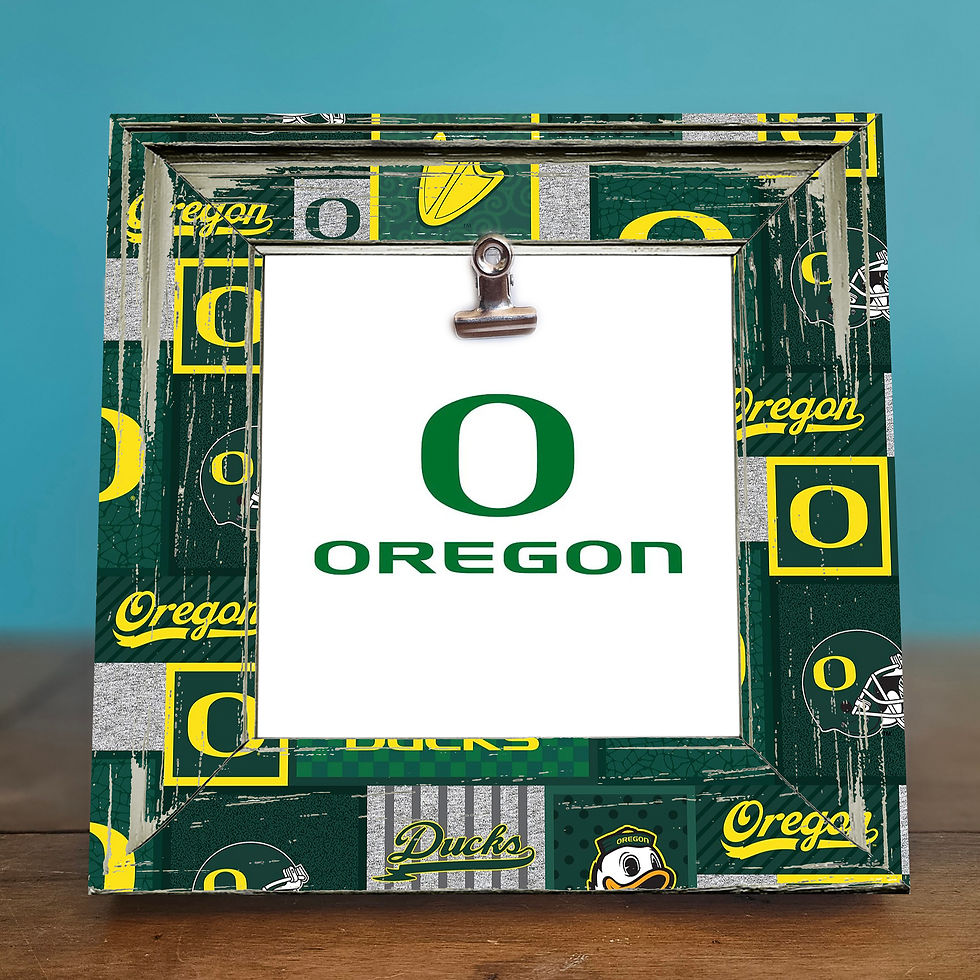 Thumbnail: Rustic shabby chic Oregon Ducks 8x8 photo frame with clip for 4x4 photos; perfect for dorm decor, alumni gifts, sports memora