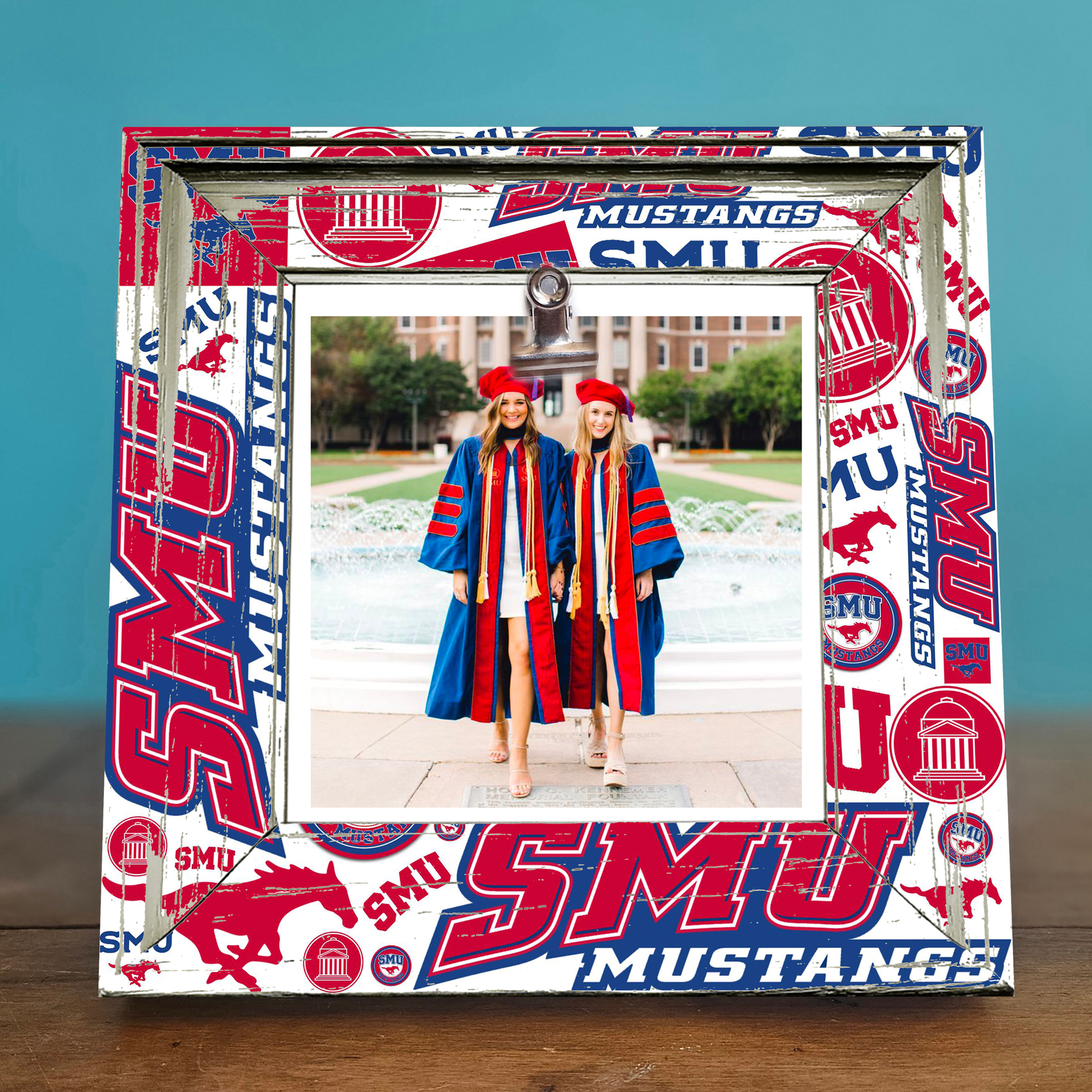 Rustic 8x8 Photo Frame featuring Southern Methodist University Mustangs logos, showcasing school spirit with vintage charm