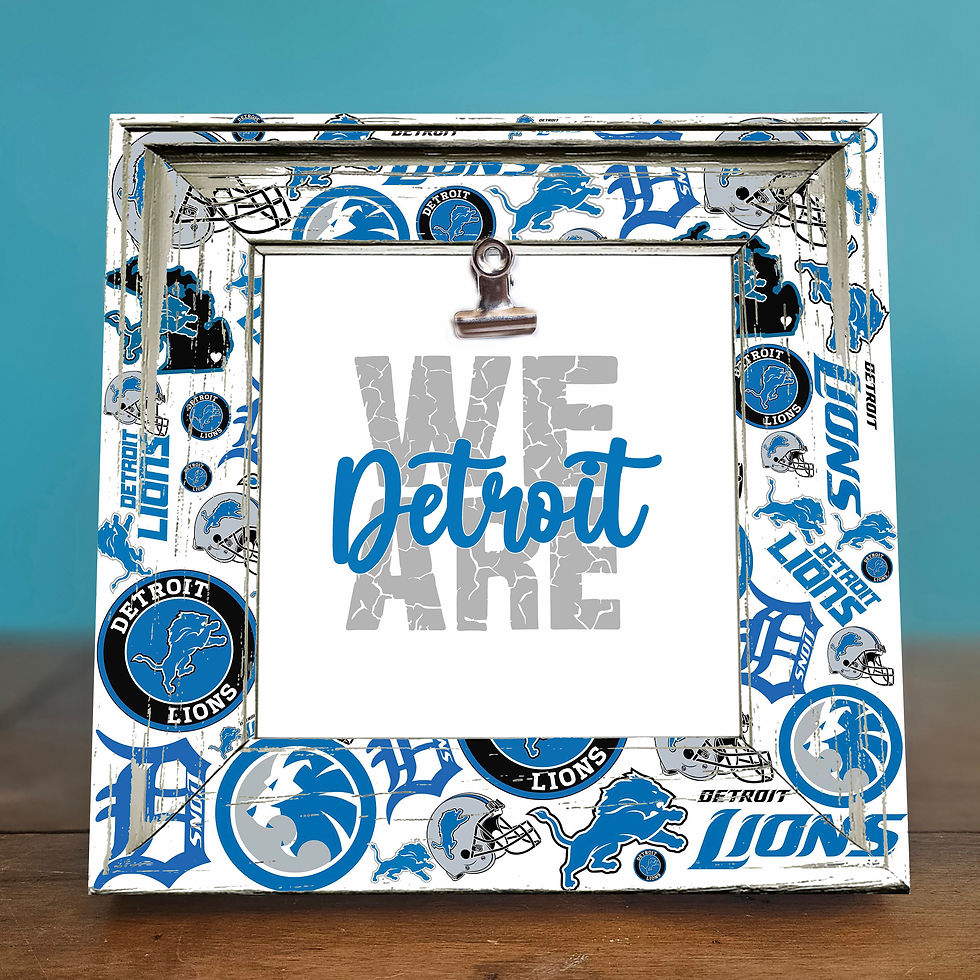 A white shabby chic photo frame featuring the Detroit Lions logo in the center. The frame is lightweight, 8x8 inches in total