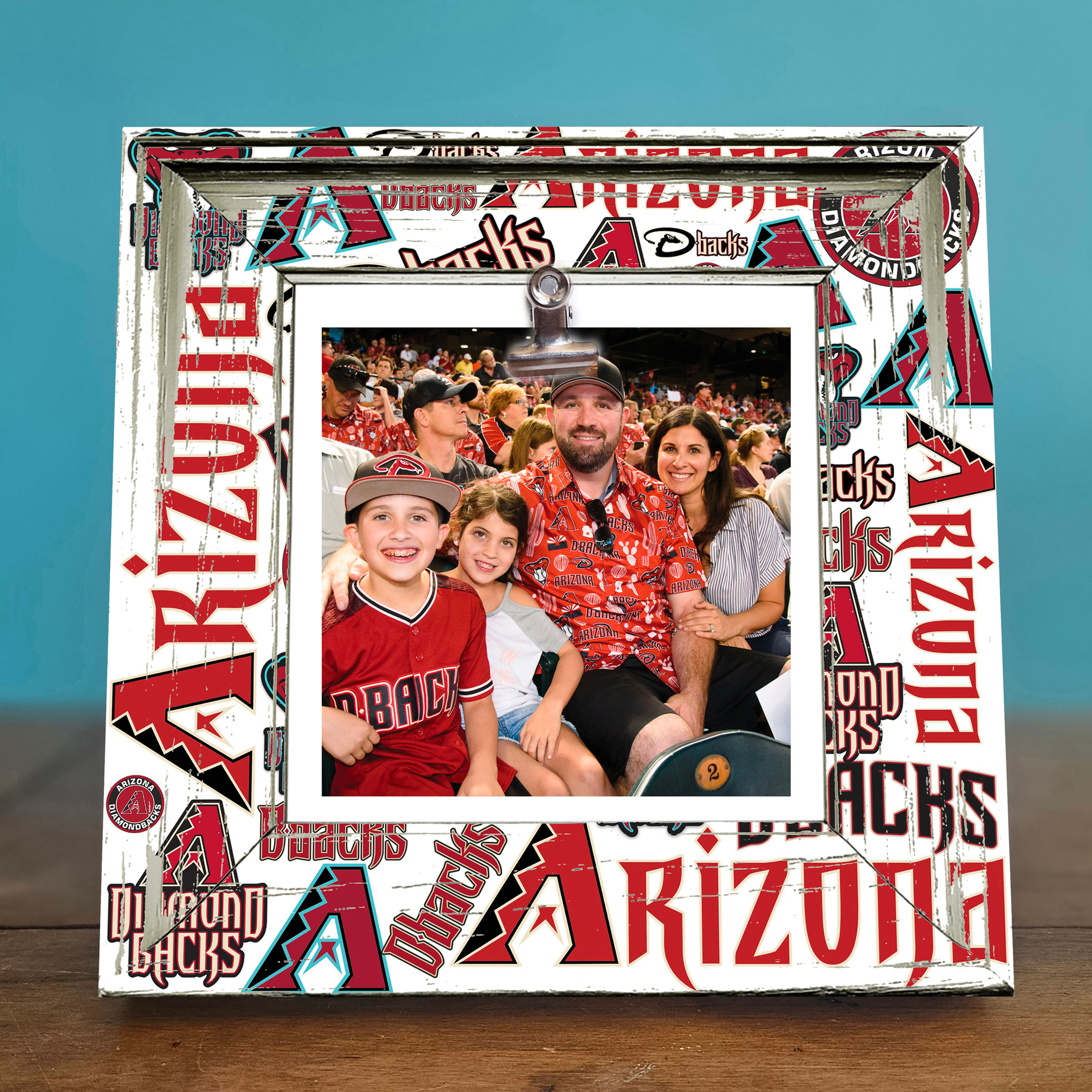 Rustic Arizona Diamondbacks baseball photo frame displaying a 4x4 photo clip with team colors and logo