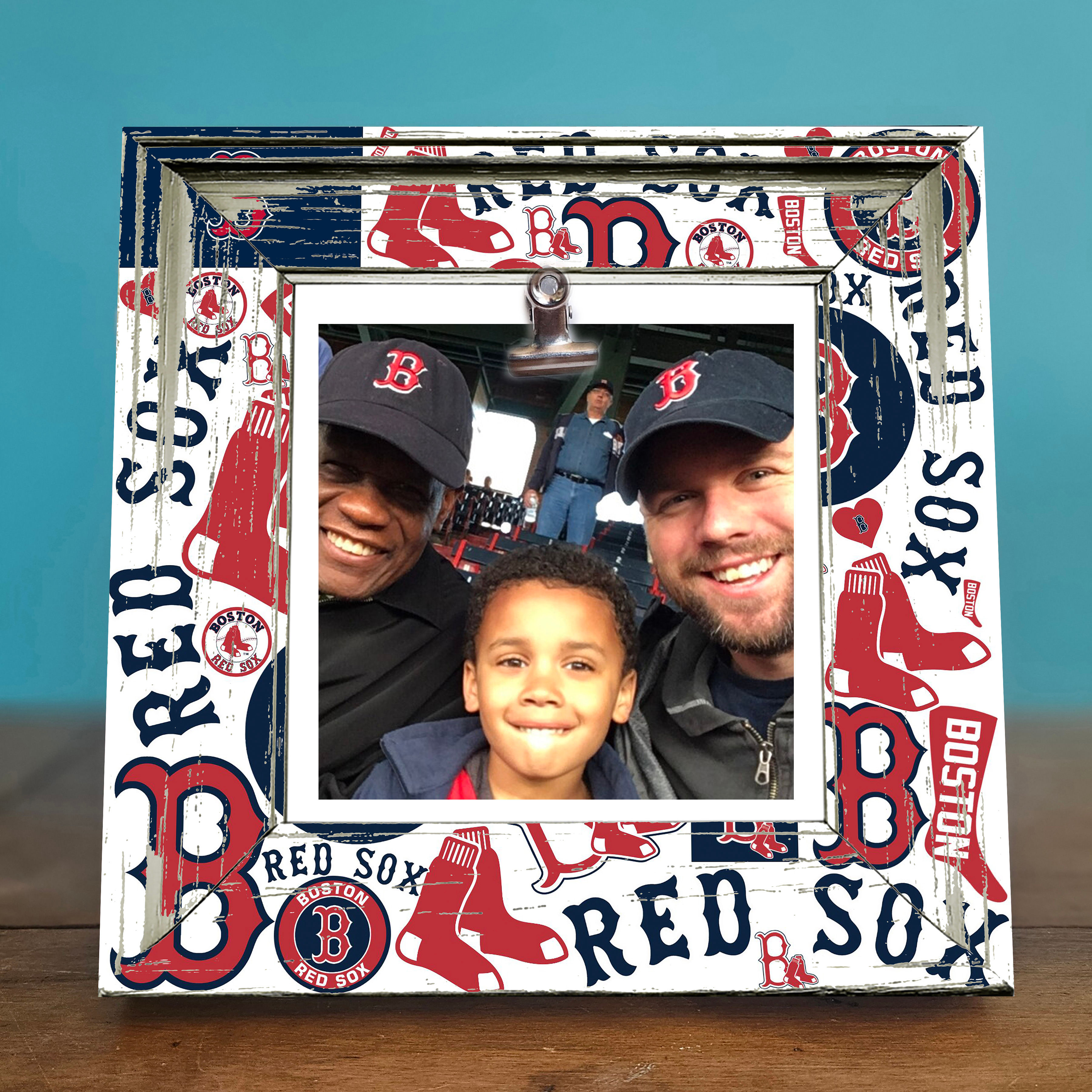 Rustic Boston Red Sox baseball photo frame displaying a 4x4 photo clip with team colors and logo
