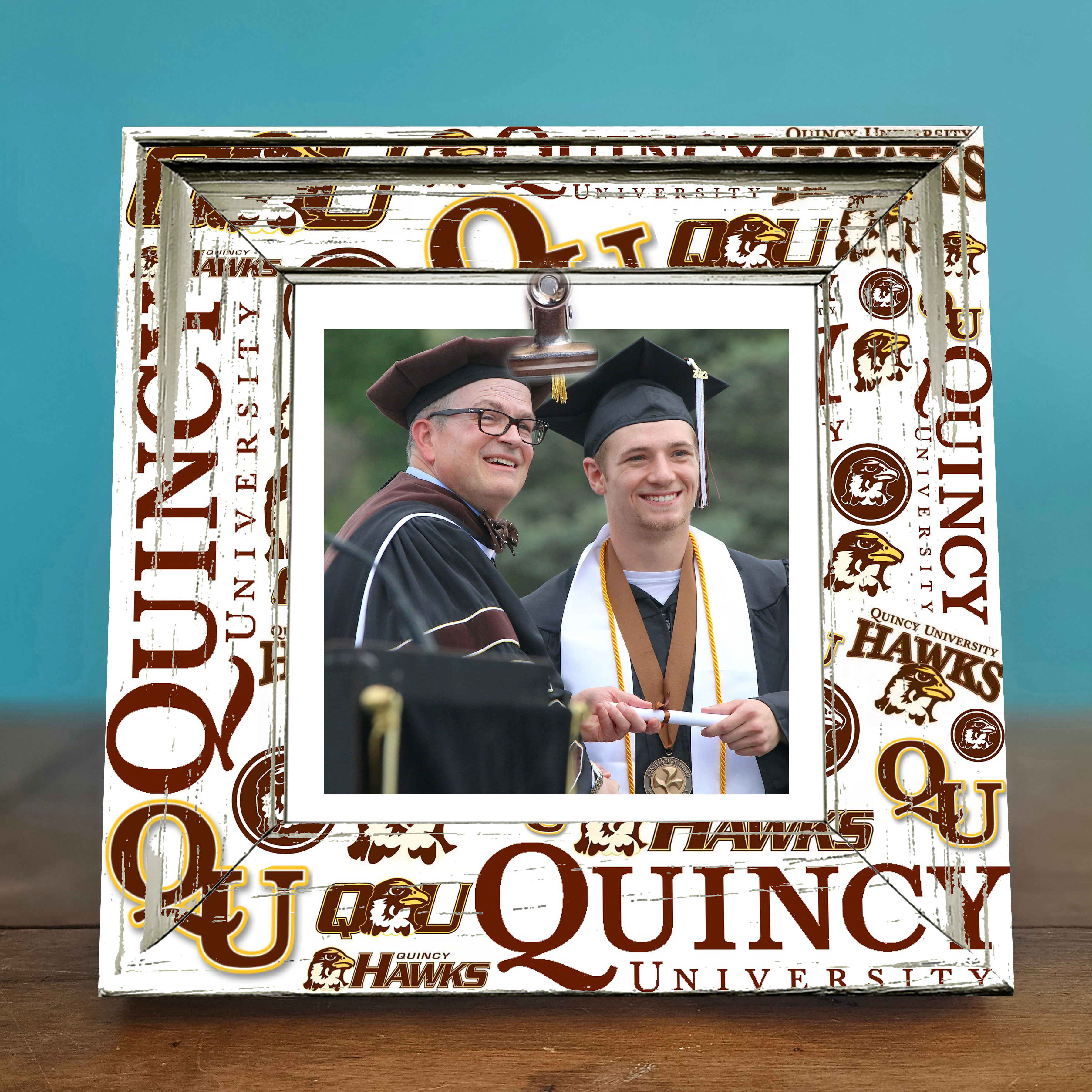 Rustic 8x8 Photo Frame featuring Quincy University Hawks logos, showcasing school spirit with vintage charm