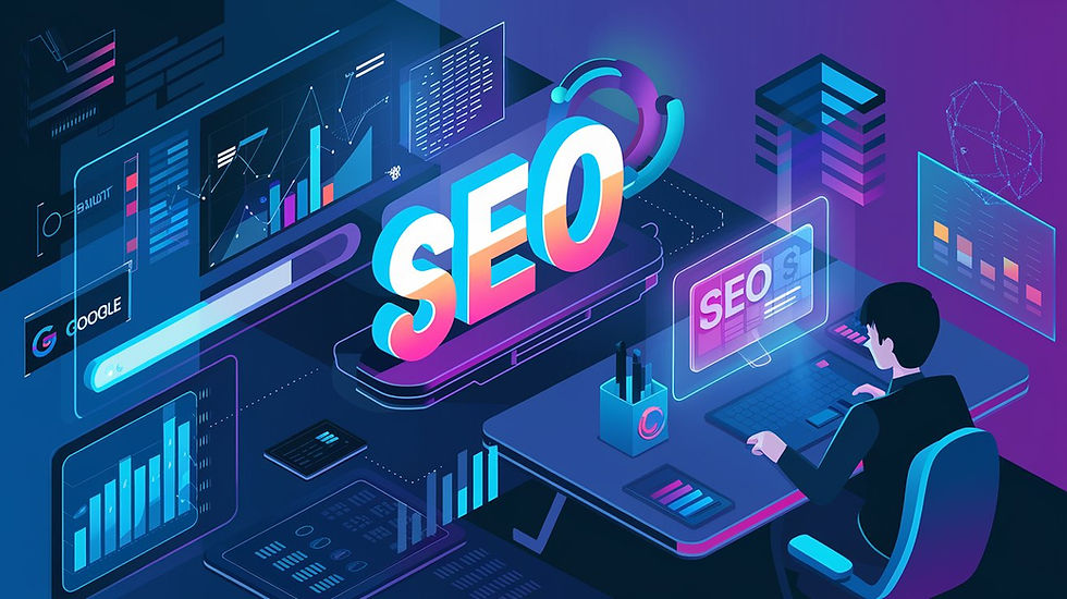 Fütüristik bir dijital pazarlama konsepti. Bir kişi, SEO analizi yaparken holografik ekranlar ve grafiklerle çevrili bir ofiste çalışıyor. Ön planda büyük, parlak 'SEO' yazısı yer alıyor. Google arama çubuğu, grafikler ve veri analiz ekranları sahneye hakim. Neon mavisi ve mor tonları, teknoloji ve inovasyon hissi veriyor.