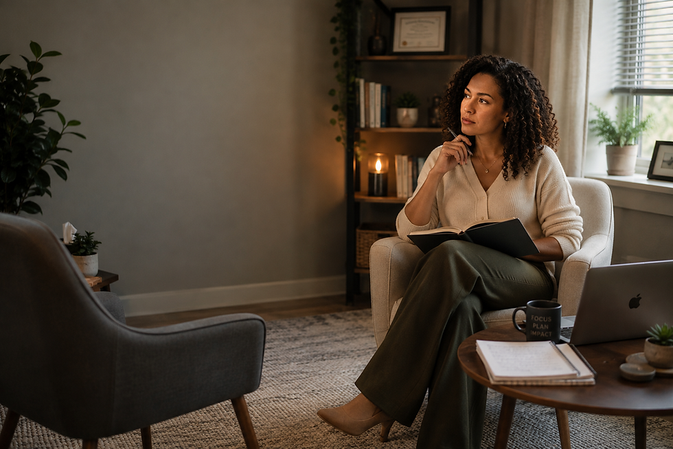 Woman with curly hair, wearing tan blouse and green pants sitting on comfortable chair. She is holding a pen close to her chin looking away as if pensive.