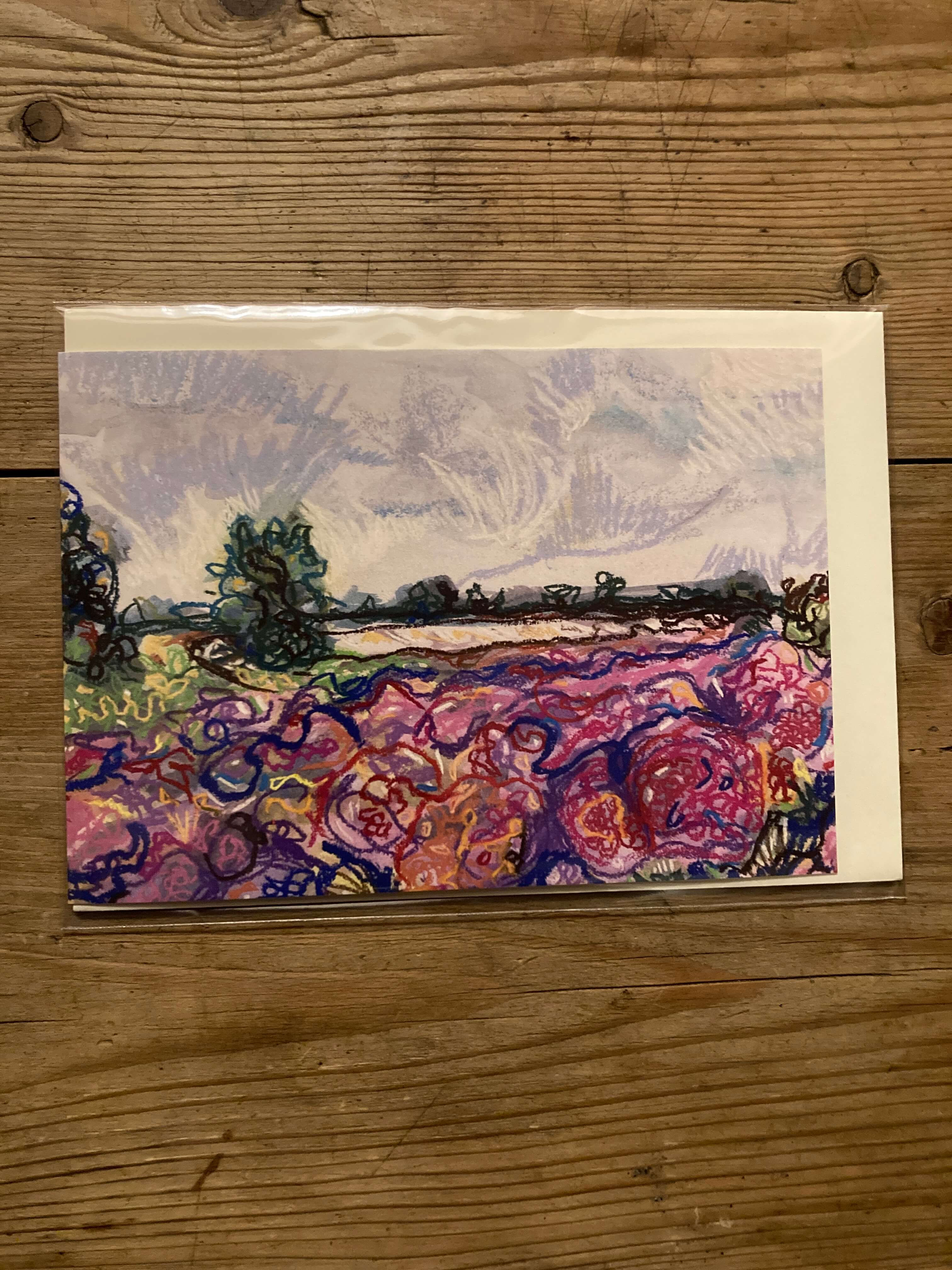 Blank greetings card featuring a colourful pastel drawing of Westleton Heath, Suffolk