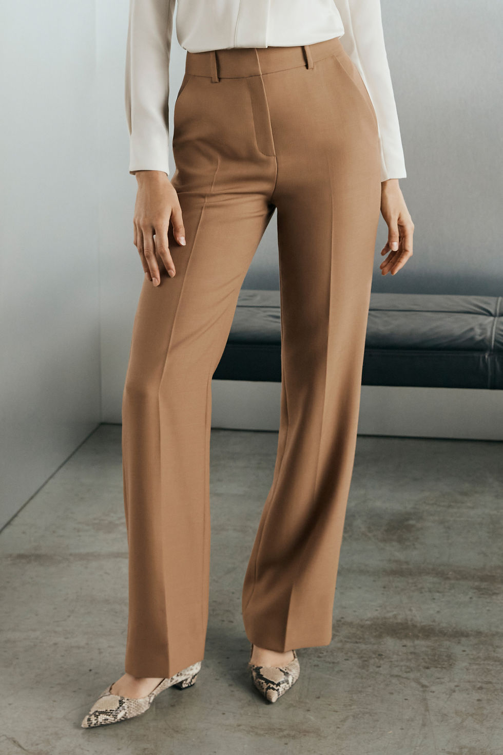 Camel wide-leg trousers, stylish and professional