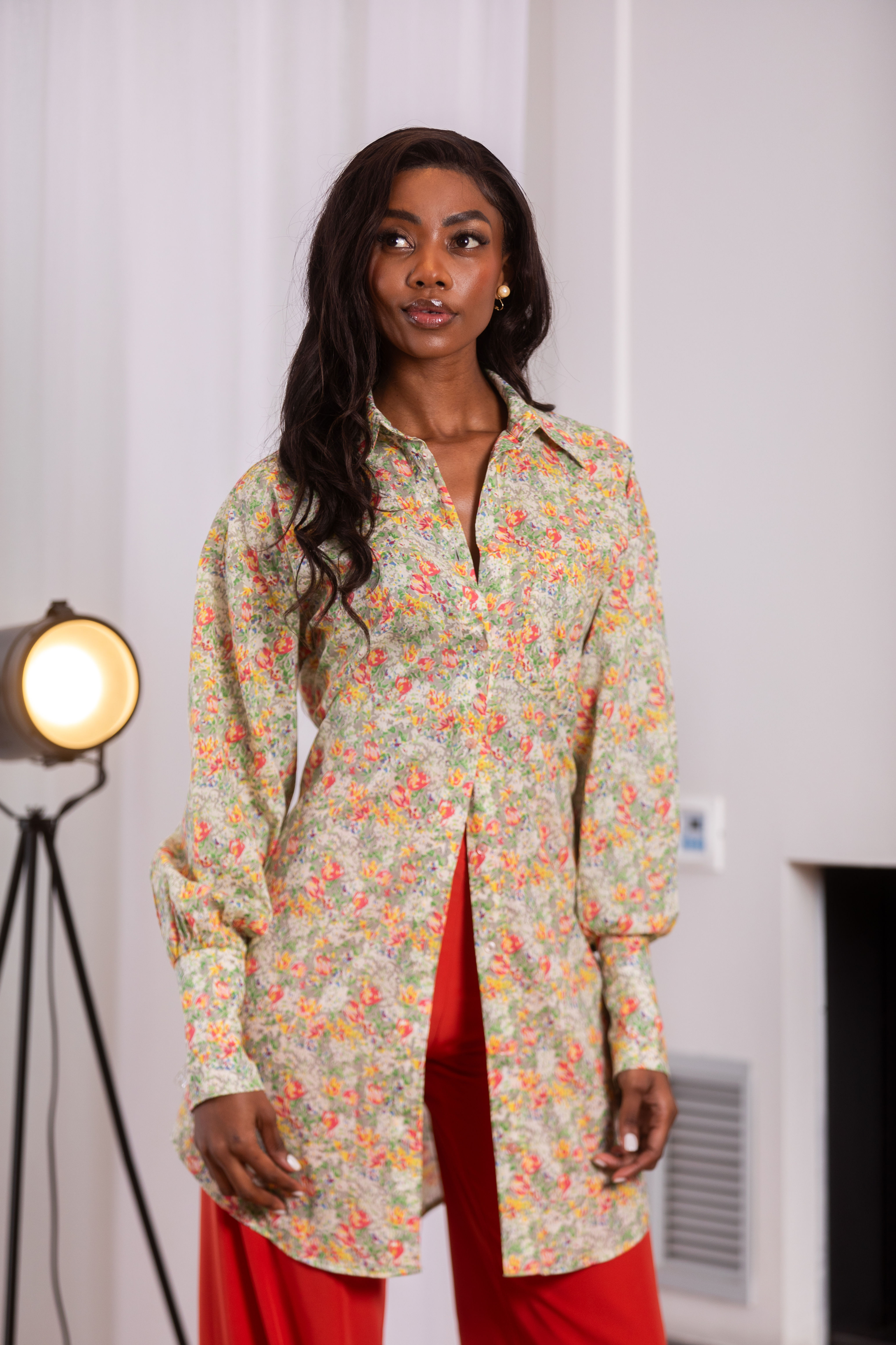 Woman in floral linen shirt