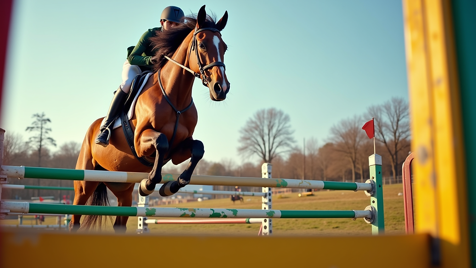 Eye-level view of a horse jumping over a colorful obstacle