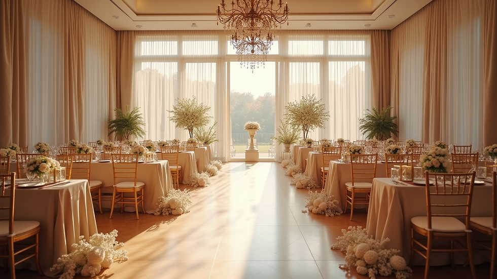 Wide angle view of a beautifully decorated wedding venue