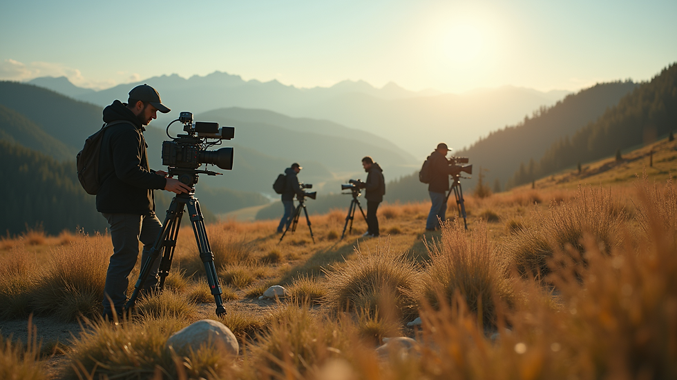 Eye-level view of a film crew setting up equipment in a scenic outdoor location