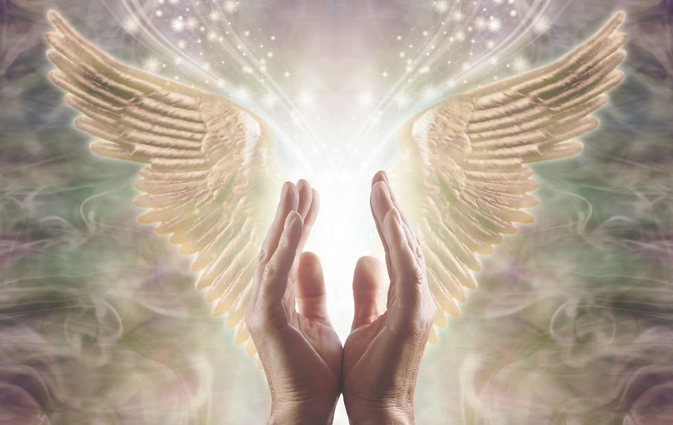 Hands open toward glowing light and angel wings.