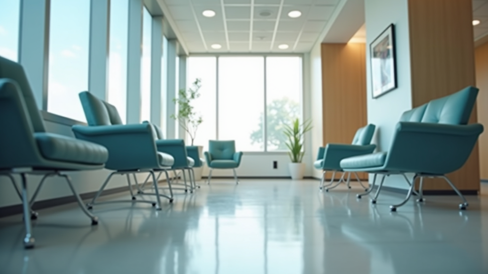 Eye-level view of a modern clinic waiting area with comfortable seating