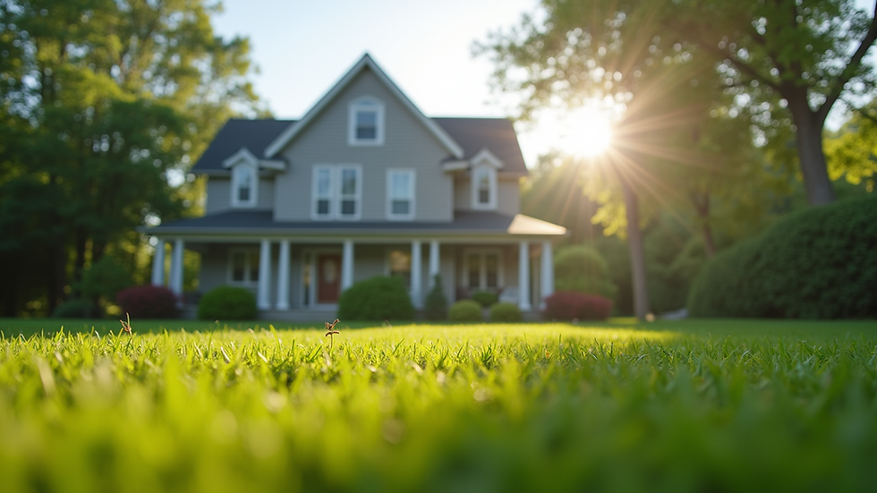 Eye-level view of a suburban house with a well-maintained lawn