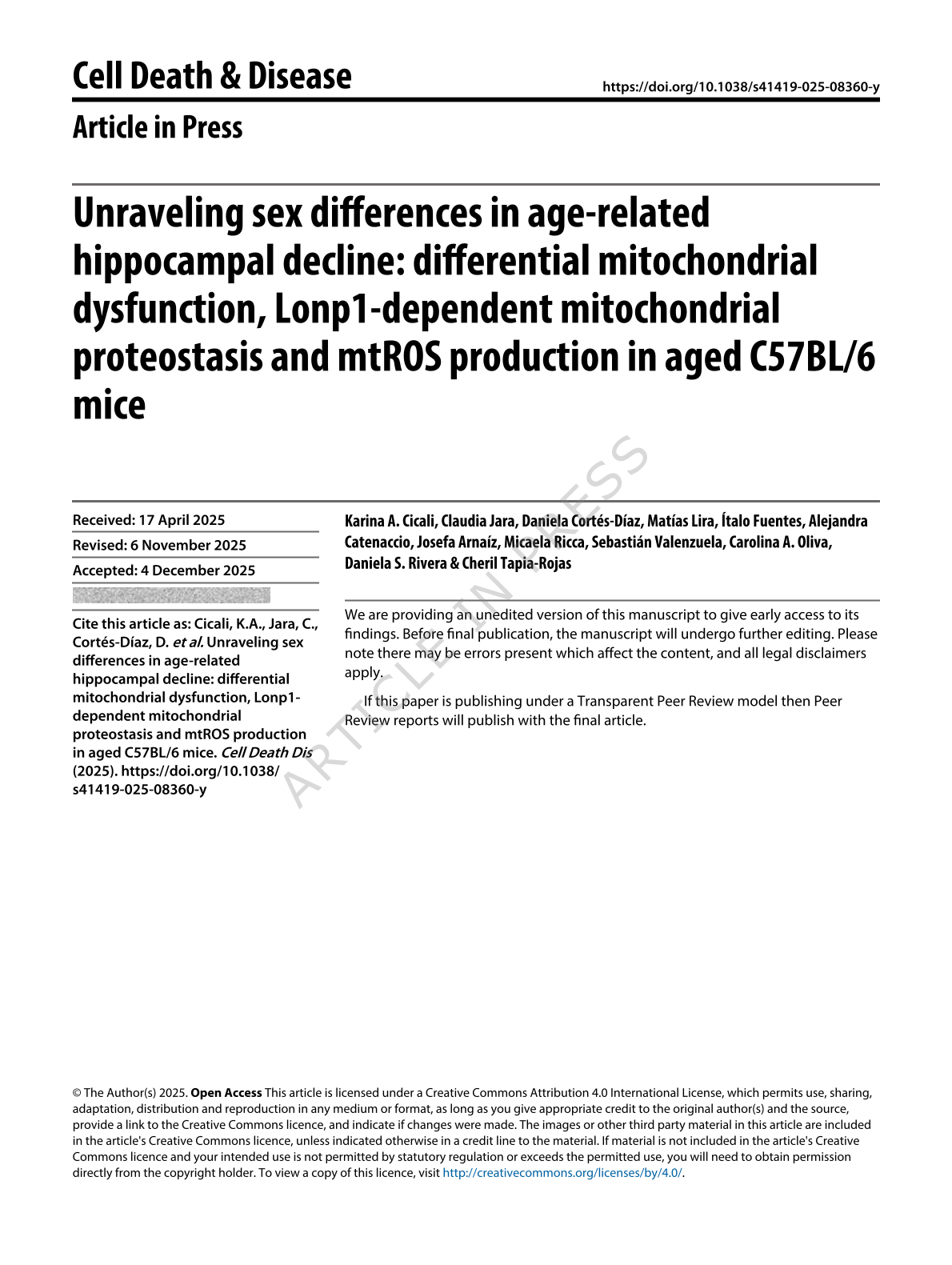 Unraveling sex differences in age-related hippocampal decline: differential mitochondrial dysfunction, Lonp1-dependent mitochondrial proteostasis and mtROS production in aged C57BL/6 mice