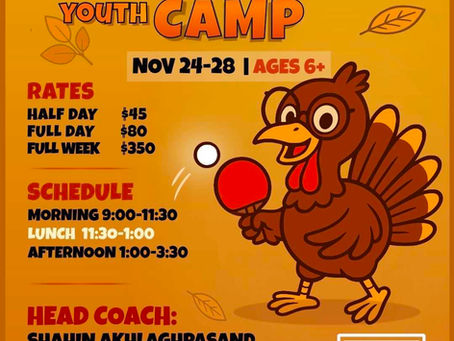 Thanksgiving Table Tennis Youth Camp Nov 24-28
