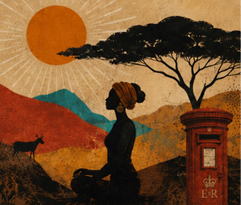 Woman silhouette before an African sunrise and a British postbox.png