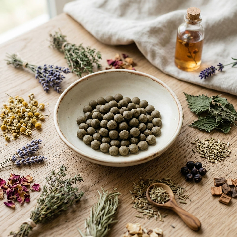 Bowl of herbal pellets with surrounding dried herbs, seeds, and small bottle of oil on wooden table. Natural, earthy setting.