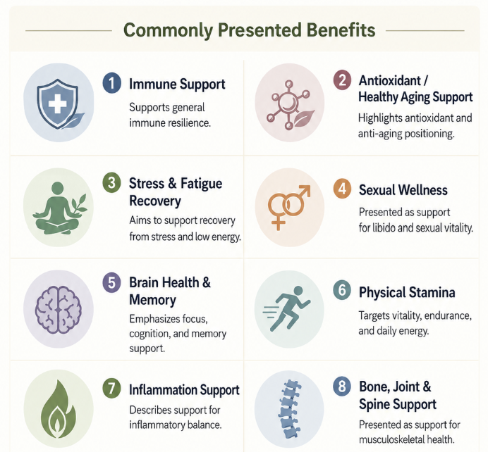 Infographic titled Commonly Presented Benefits with 8 icon rows for immune support, stress relief, brain health, stamina, and more.
