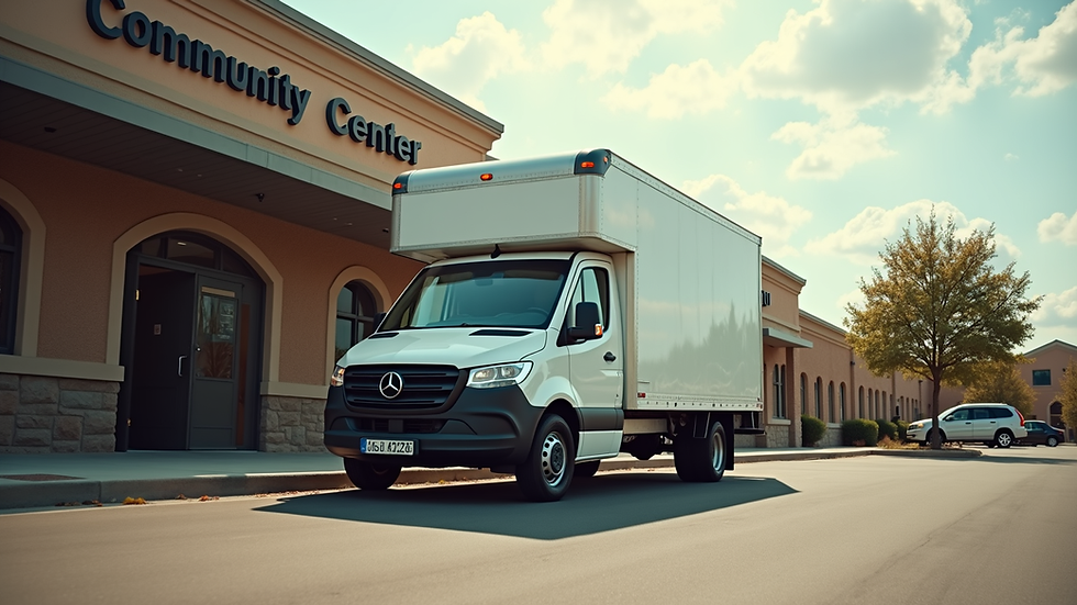 Eye-level view of a delivery van parked outside a community center
