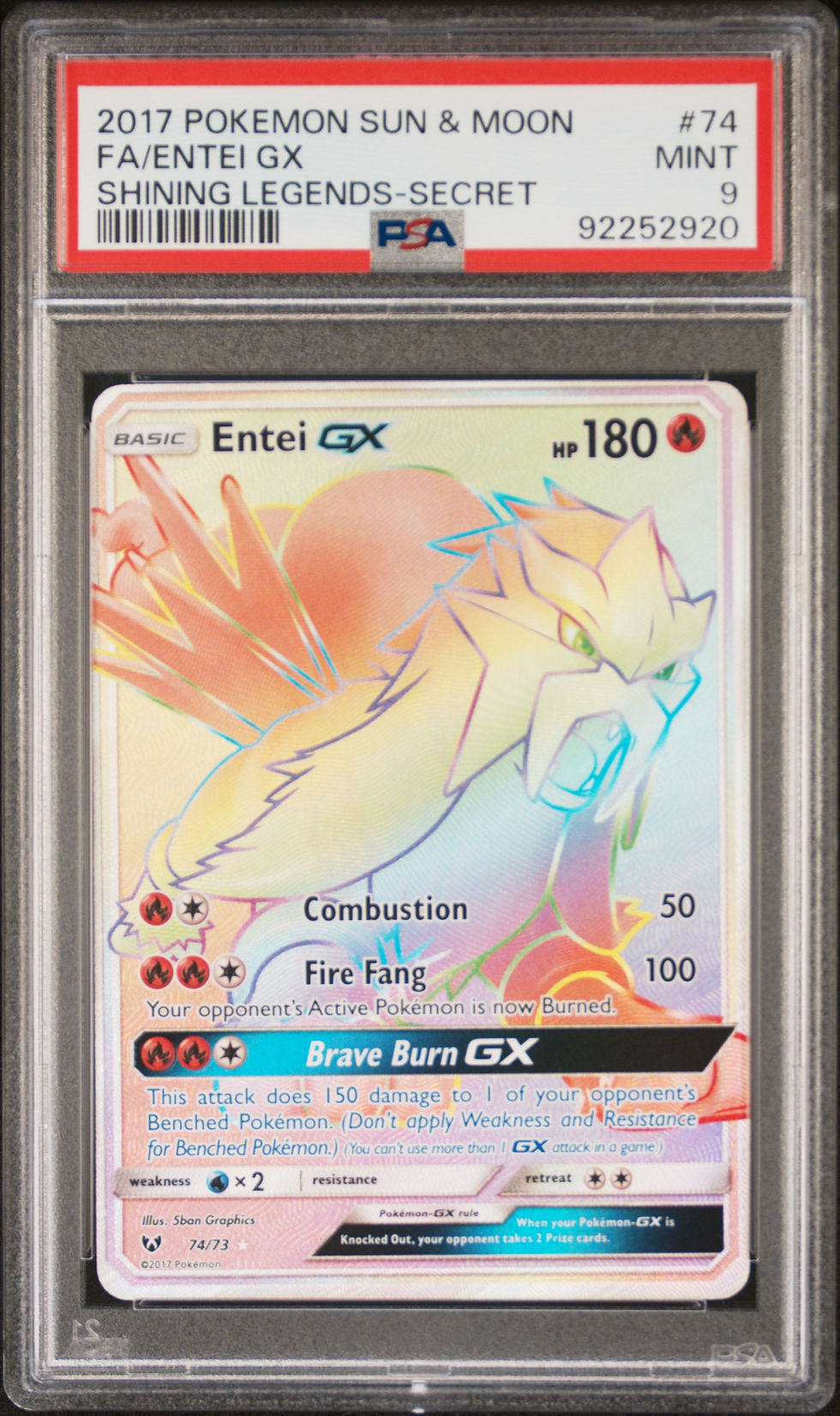 2017 POKEMON SUN & MOON SHINING LEGENDS 74 FULL ART/ENTEI GX SECRET PSA 9