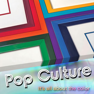 Close-up of colorful aluminum picture frame corners in red, orange, green, purple, and blue, arranged in a cross pattern with the words ‘Pop Culture – It’s all about the color’ overlaid at the bottom.”