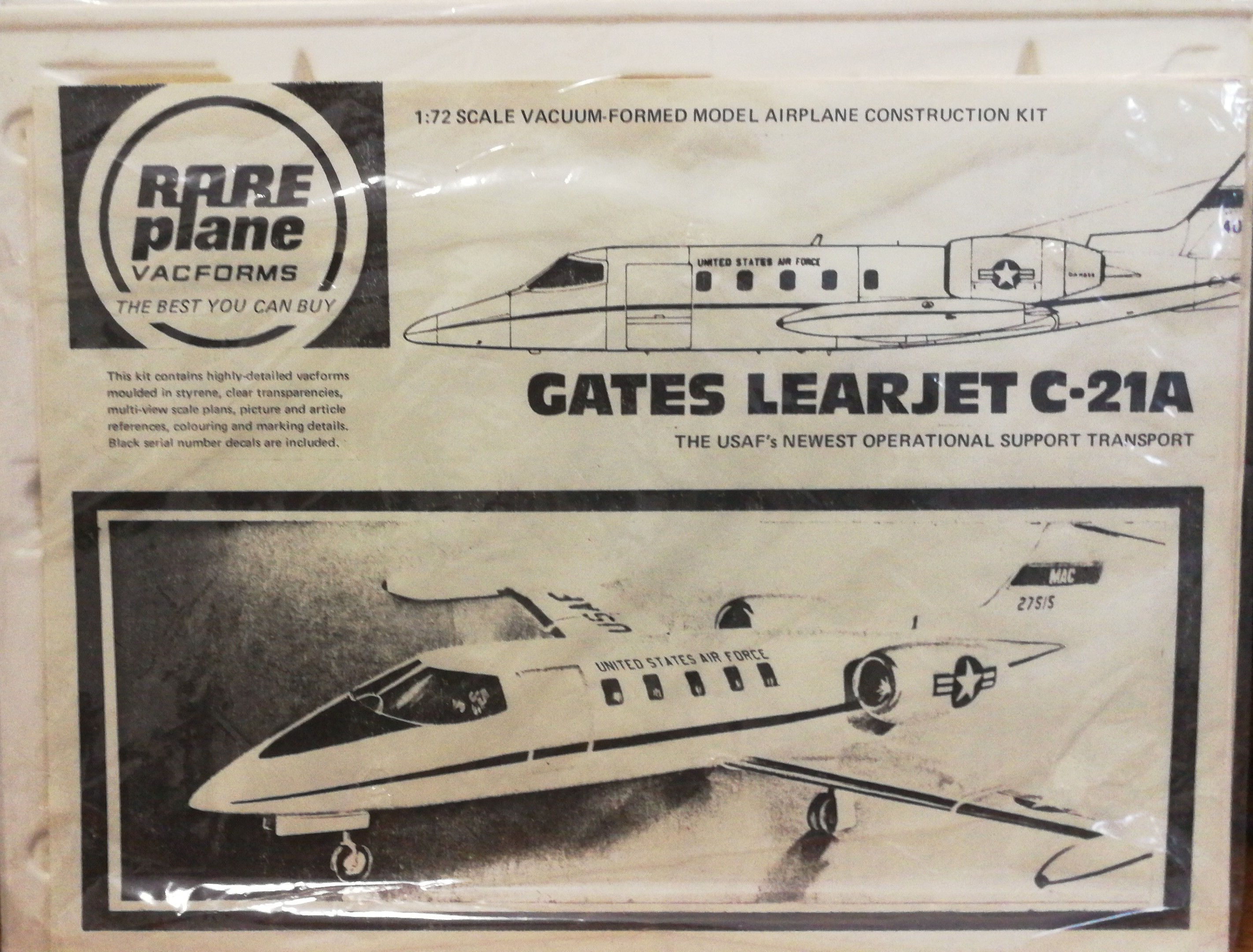 Rare Plane, Gates Learjet C-21A Construction Kit Vacforms 1:72 Scale  no CANOPY