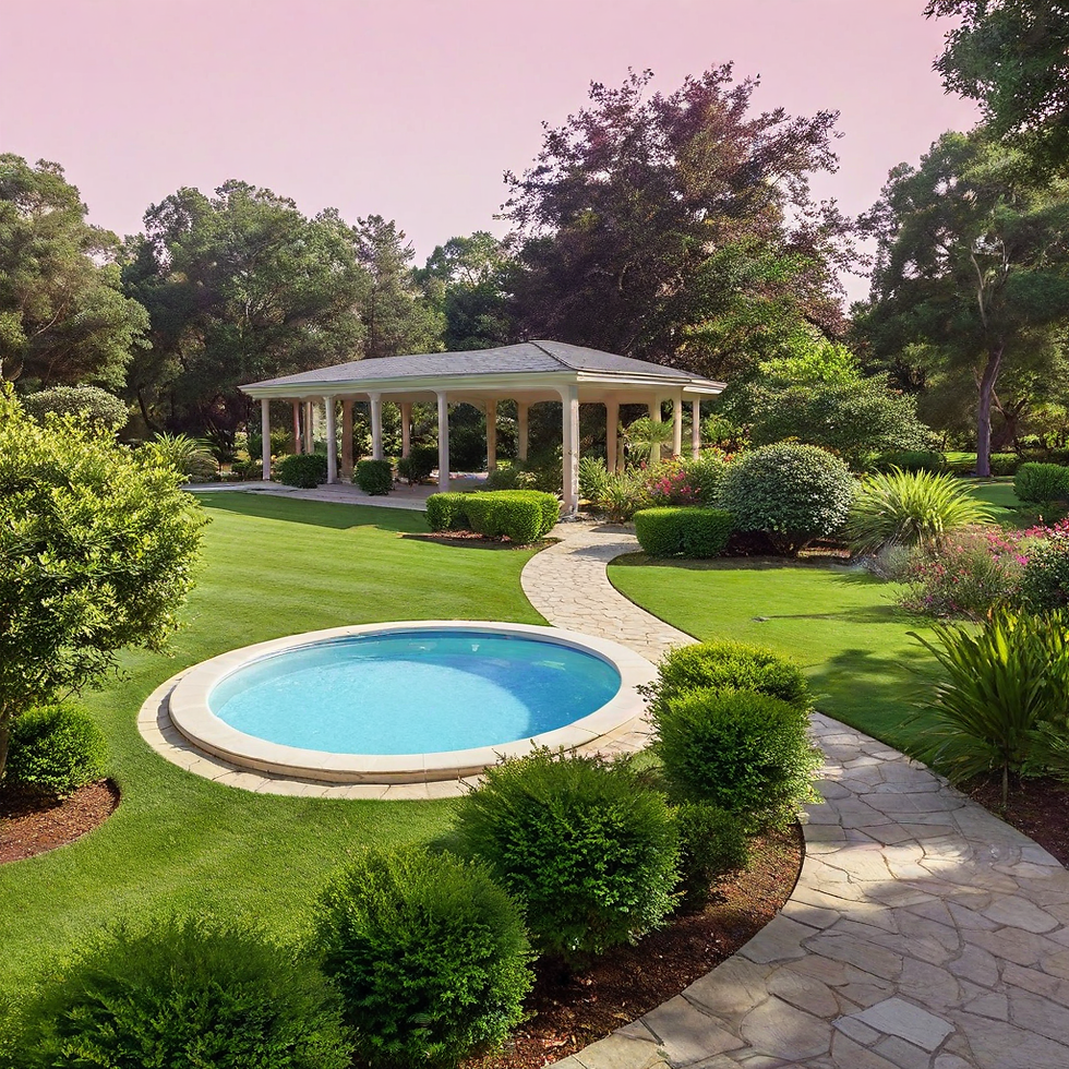 a beautiful landscape design with small pool and green bushes