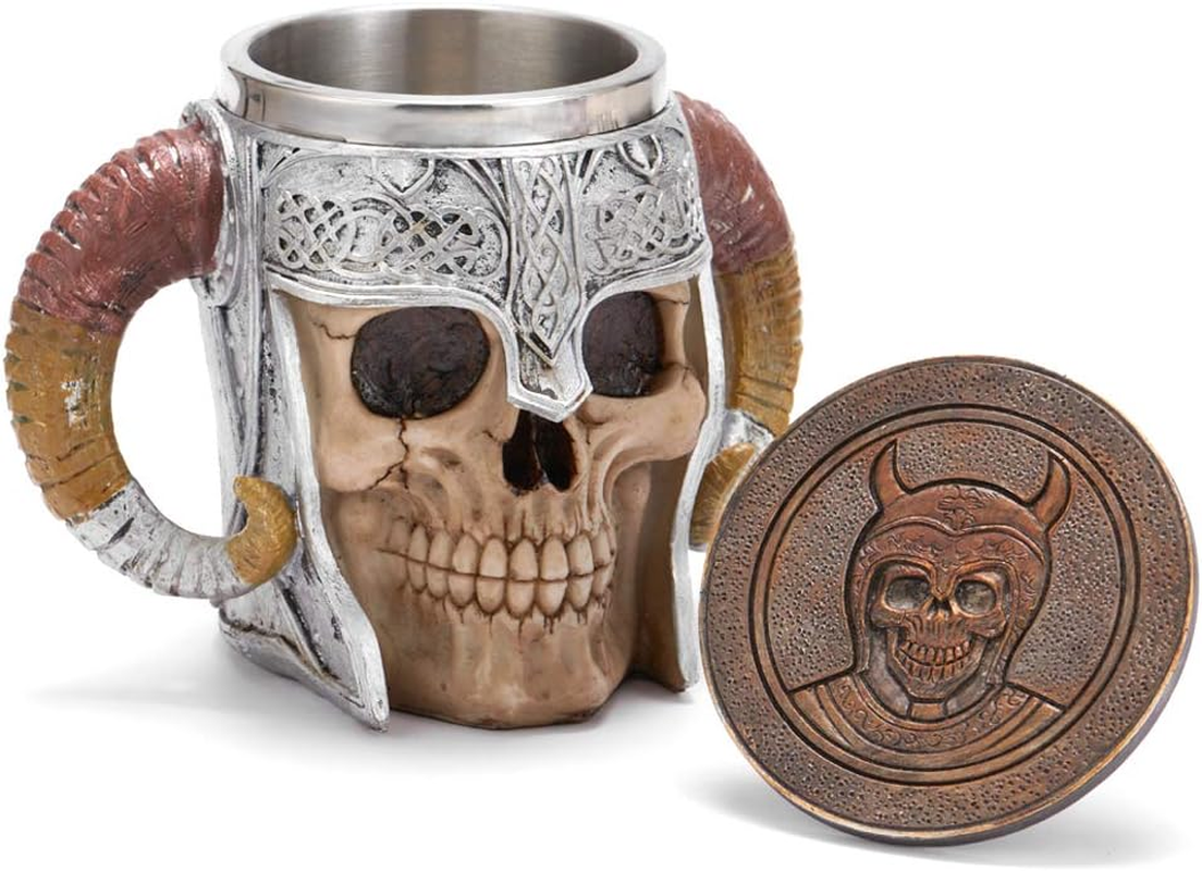 Stainless Steel Viking Skull Mug+Coaster,Double Handle Horn Skull Beer Mug Tanka